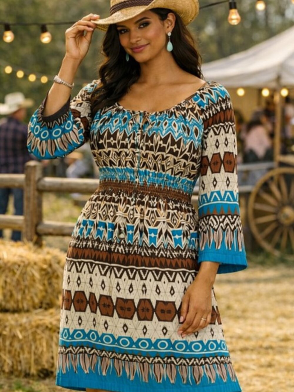 👢Muse for Boston Proper Southwestern Inspired Turquois & Brown  Dress  Size 10